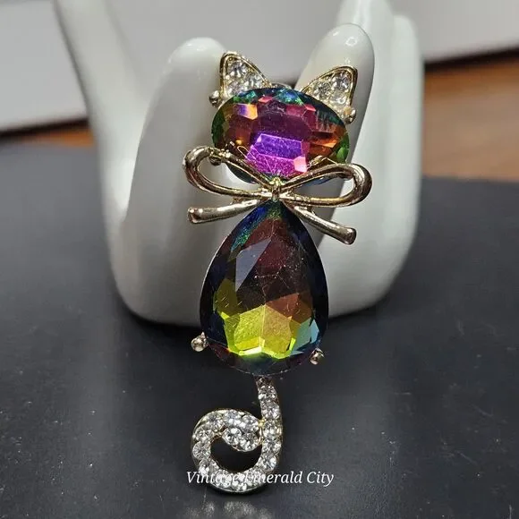 Goldtone Mr. Cat Bow Cyrstal Brooch Rhinestone Tail & Ears Iridescent Kitty Pin - Picture 11 of 13